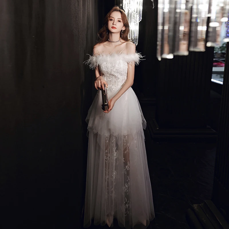 

Женское вечернее платье-трапеция до пола, белое платье с перьями, вырезом лодочкой, открытыми плечами и роскошной вышивкой, A1133