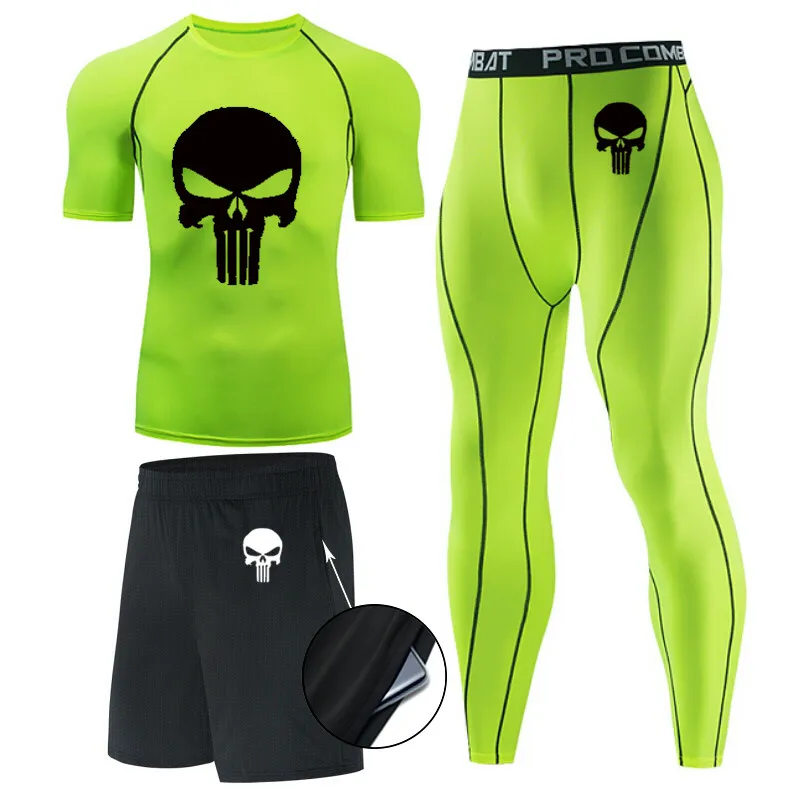 

High Quality Men's Sportswear Autumn Running Clothes Compression Tights Men's Bodybuilding T-shirt Leggings three-Piece Suit