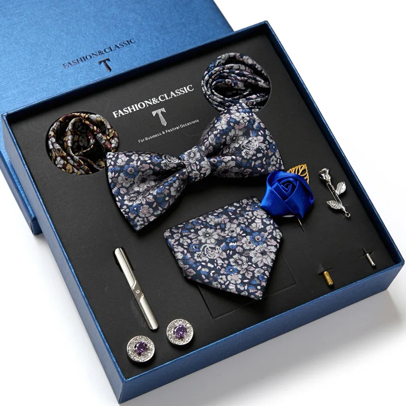 

Men's Tie Set Gift Box With Necktie Bowtie Pocket Square Cufflinks Clip Brooches Suit For Wedding Party Men Busniess Tie PH24
