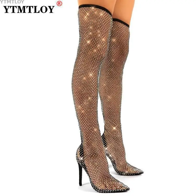 Женские сапоги выше колена прозрачная сетчатая обувь с вырезами заостренный