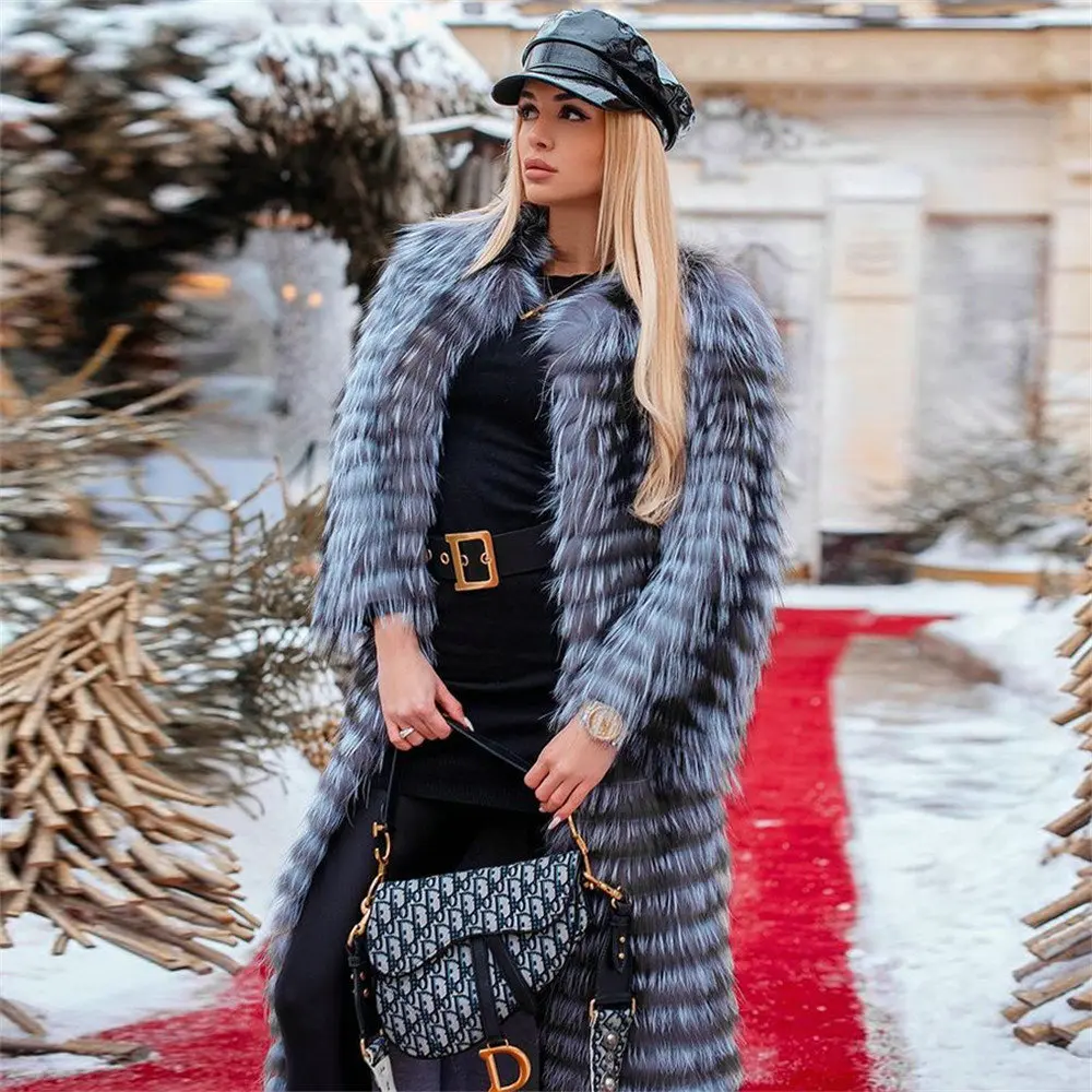 120cm X-long Real Silver Fox Fur Coat With Round Collar Winter New Trendy Genuine Leather Natural Silver Fox Fur Coats Female