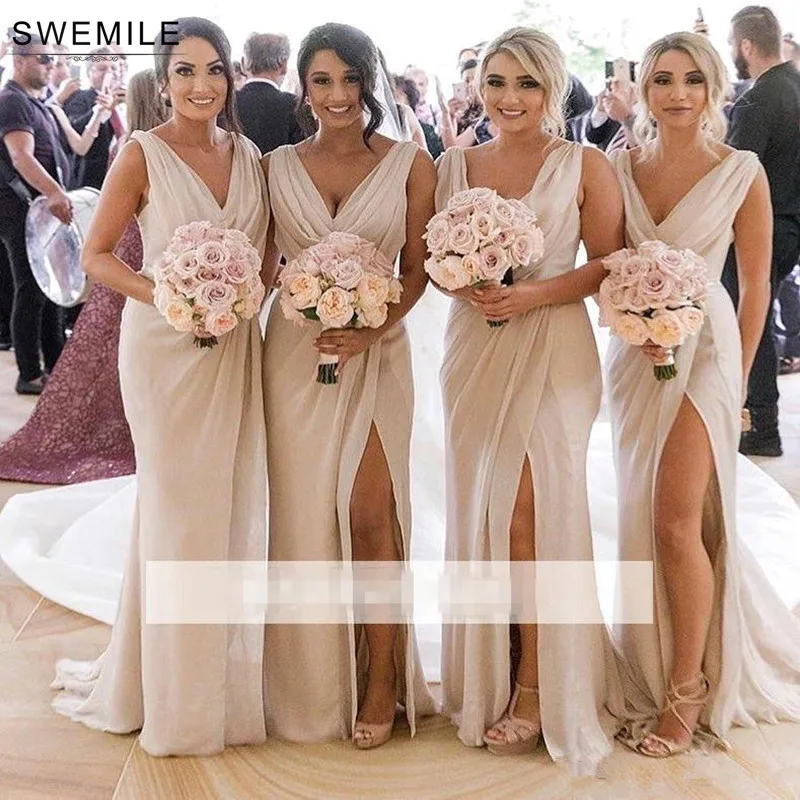 Женское шифоновое платье подружки невесты длинное с высоким разрезом цвета