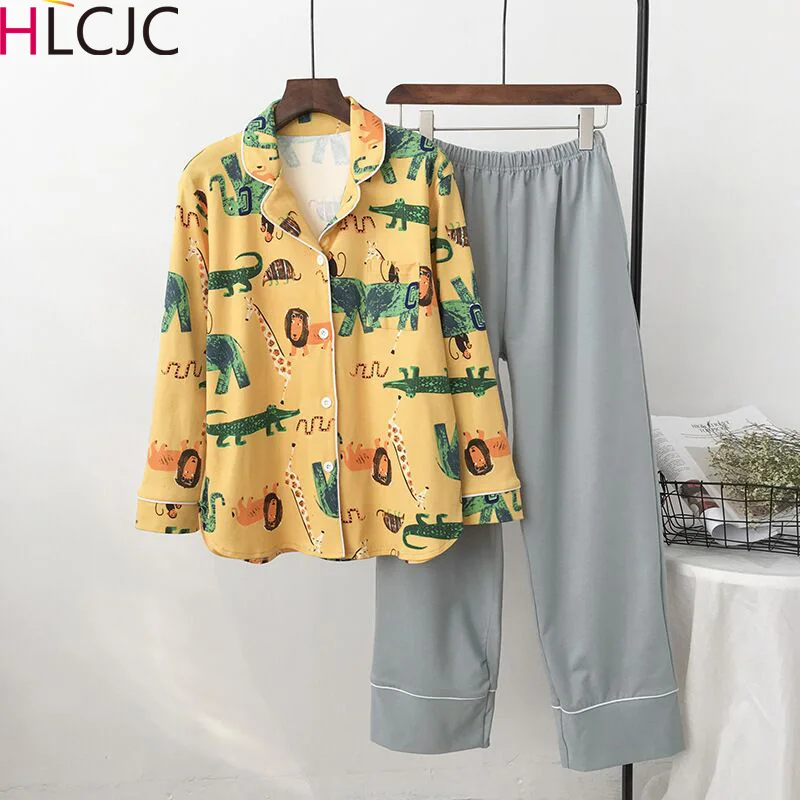 Удобный милый мультфильм Корея 100% хлопковые пижамы женские комплекты осенне