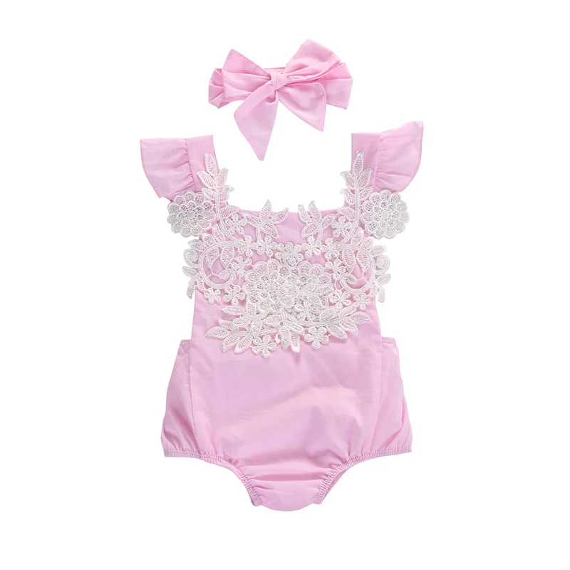 

Newborn Infant Baby Girls Sweet Lovely Summer Bodysuit Short Sleeve Lace Floral Pink Covered Button Bodysuit Headband 2PCS