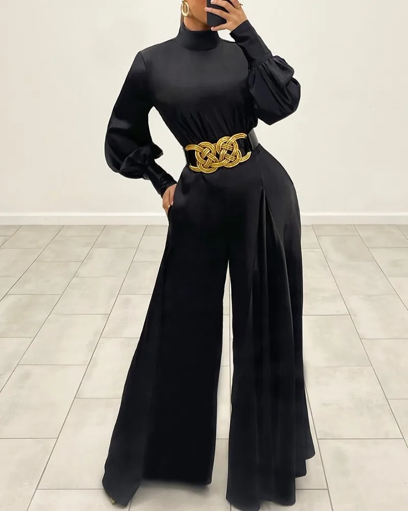 

2021 Ladies Spring and Autumn New Fashion Casual Lantern Sleeve High Collar Pocket Design Wide Leg Flared Jumpsuit Temperament