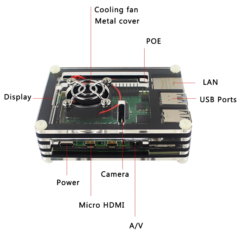 Чехол для Raspberry Pi 4 акриловый 9 слоев прозрачный цвета с охлаждающим вентилятором