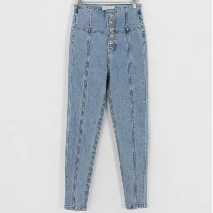 

2021 Spring New Elegant Single-Breasted High Waist Jeans Korean Style Skinny Slimming Pencil Trousers Tappered Pants