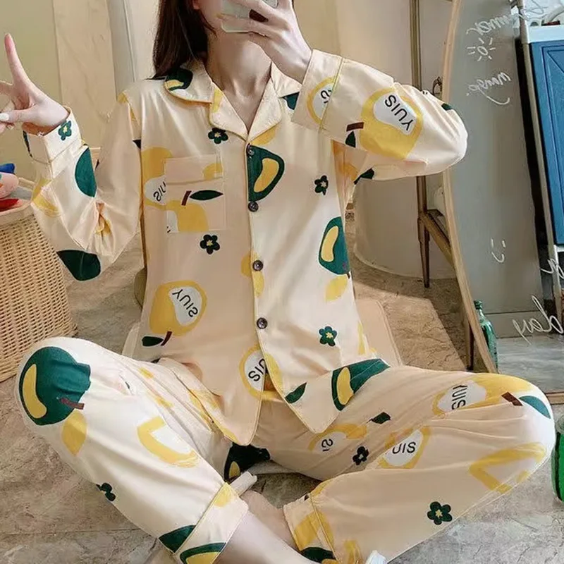 Pajamas Set Female Spring and Summer New Style Women's Casual Fold-Down Cardigan Long Sleeve Large Size Cartoon Nightshirt Girl