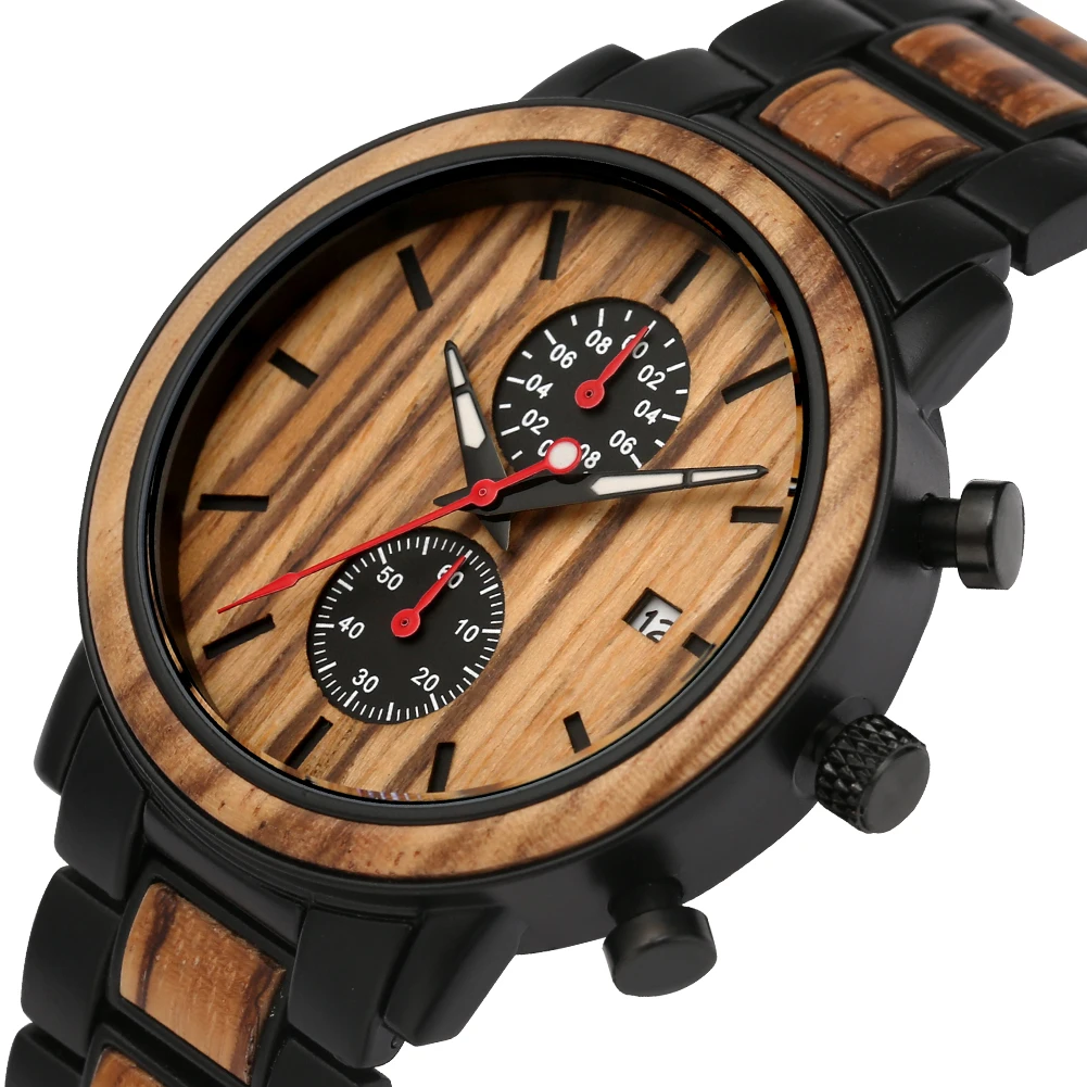 Luxury Wood Stainless Steel Men Watch Fashion Wooden Timepieces Chronograph Clock Quartz Watches Top Gifts Man Relogio Masculino redfire full wooden watch coffee brown men s wood clock gold skeleton self winding wood watches folding clasp reloj masculino