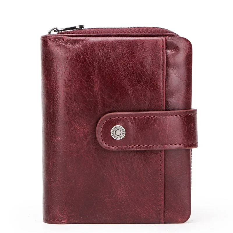 Trendy RFID anti-theft brushed leather ladies wallet with multi-function buckle zipper coin purse