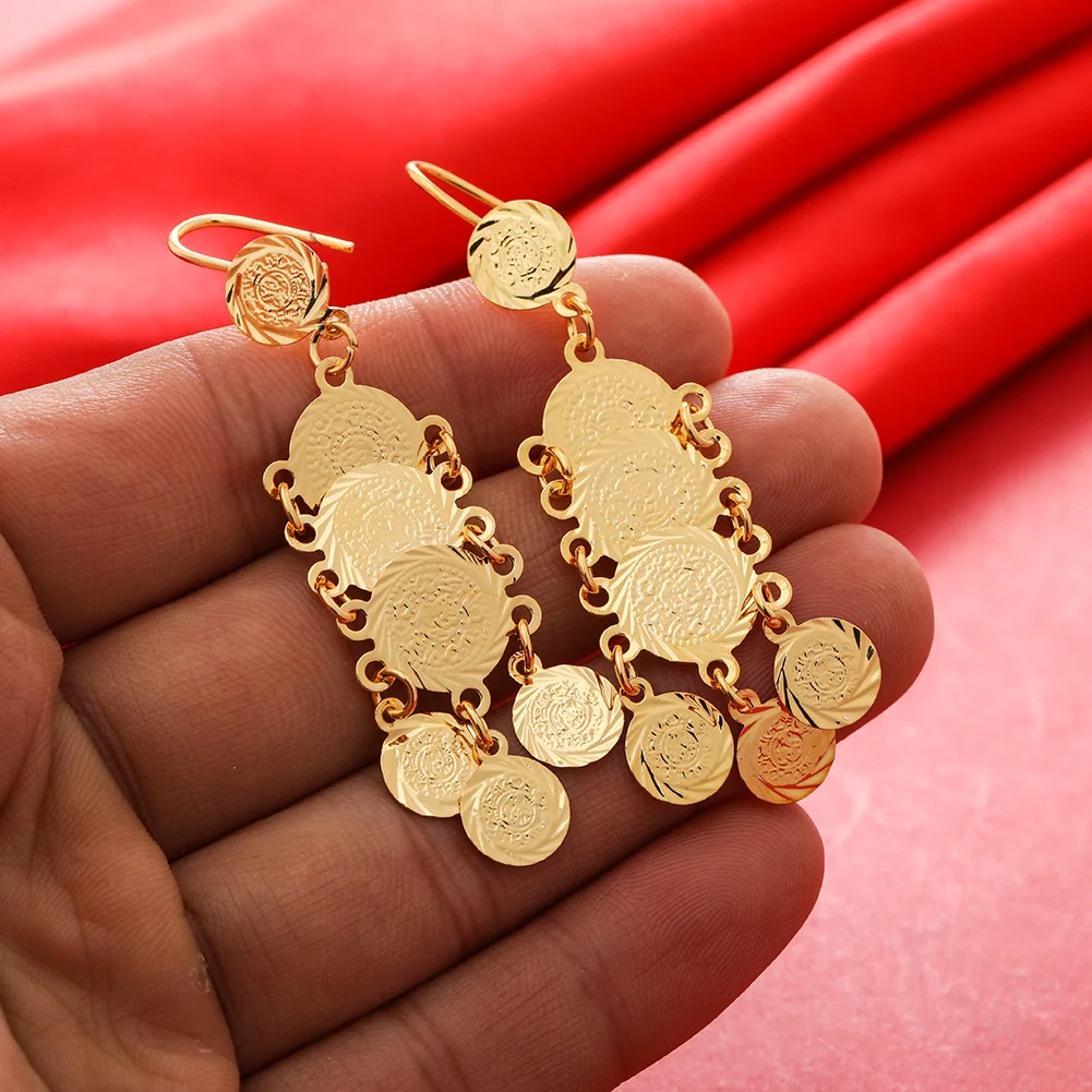 

Dubai Coin Gold Color Earrings 24K For Women Wedding Jewelry Women's Earrings For Girls Bridal Wife Gifts African Dubai French