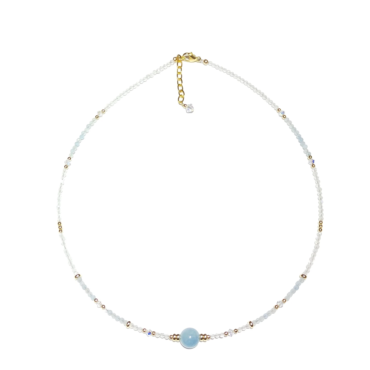 

Lii Ji Natural Aquamarine Moonstone Austria Cyrstal Choker 14K Gold Filled Handmade Adjustable Necklace 38+3cm