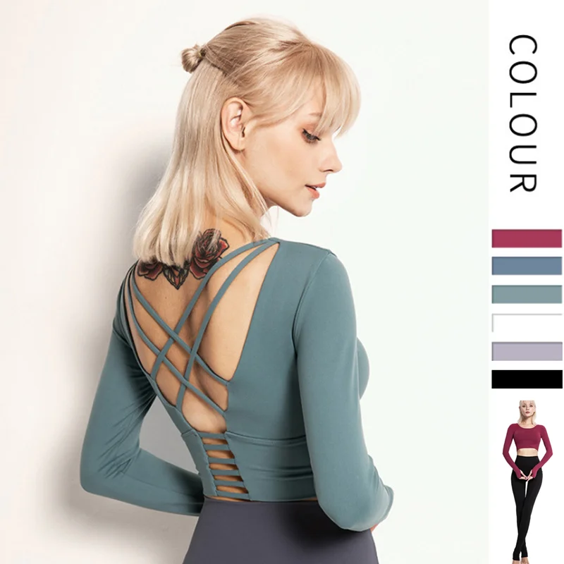 

Women Seamless Fitness Yoga Suit Beautiful Back Workout Clothes Long Sleeve T-shirt With Chest Pad Finger Cots Tight Sports Top