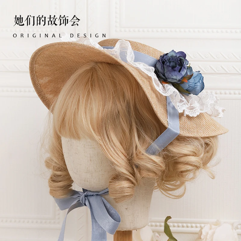 

Vintage Mori Girl Harajuku Lolita Sweet Straw Hat Simulation Flower Lace Breathable Sunshade Hat Elegant Summer Gentle Flat hat