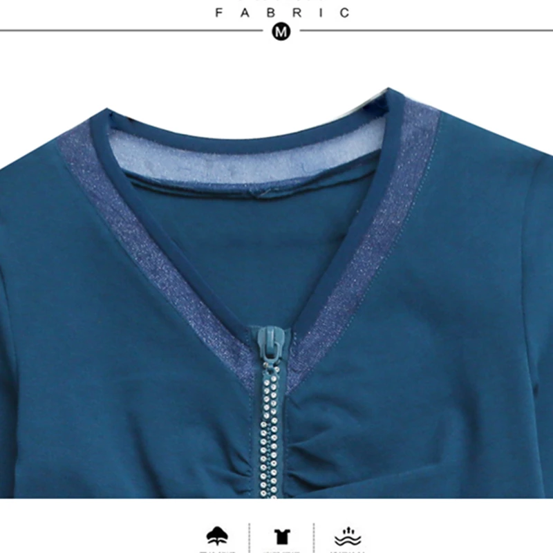 

Spring Fall European Clothes T-Shirt Girl Fashion Drape Sexy V-Neck Patchwork Mesh Zipper Cotton Women Tops Tees New T0D414A