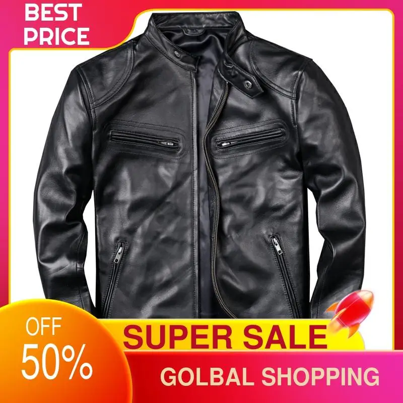 

2021 Black Stand Collar Motorcycle Style Genuine Leather Jacket Men Plus Size 5XL Real Thin Sheepskin Spring Slim Biker's Coat