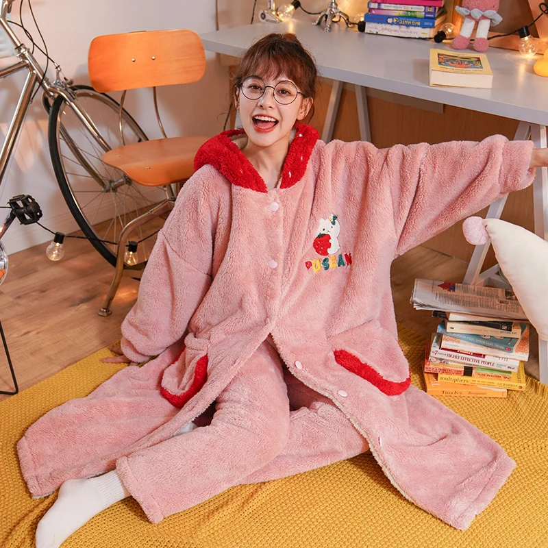 Winter Pajama Woman Sleepwear New Cartoon Velvet Coral Home Suit Length To Keep Warm Flannel Extended Hooded Thickened LONG