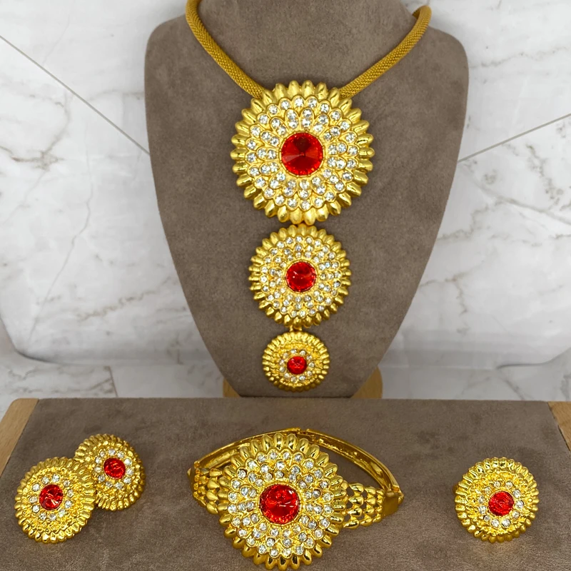 

Conjuntos de joias etíopes africanas 24k ouro para mulheres presentes de casamento dubai noiva colar brincos anel conjunto colar