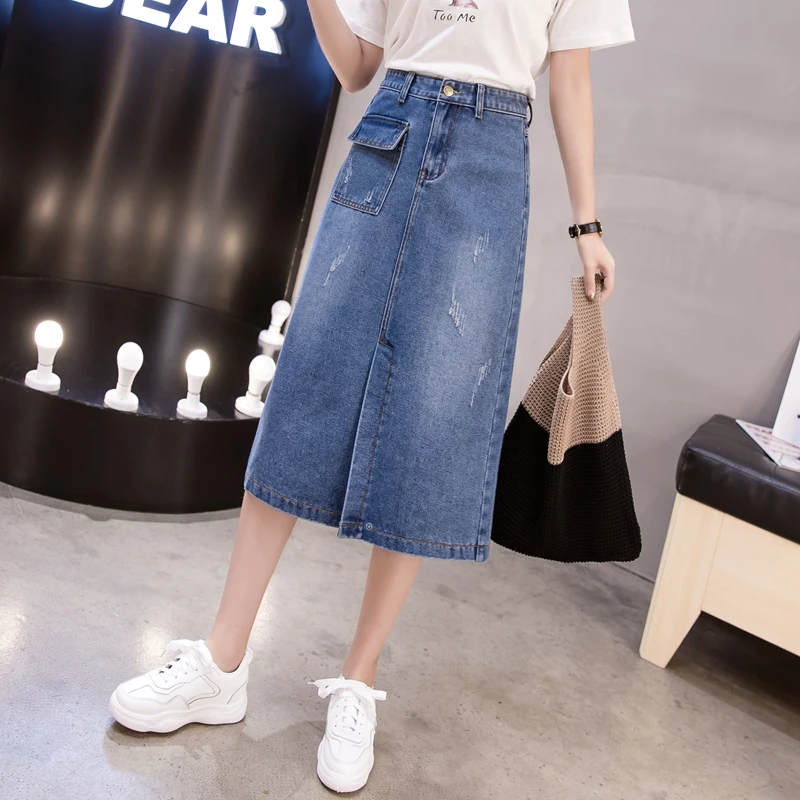 Женская джинсовая юбка ниже колена с разрезом | одежда