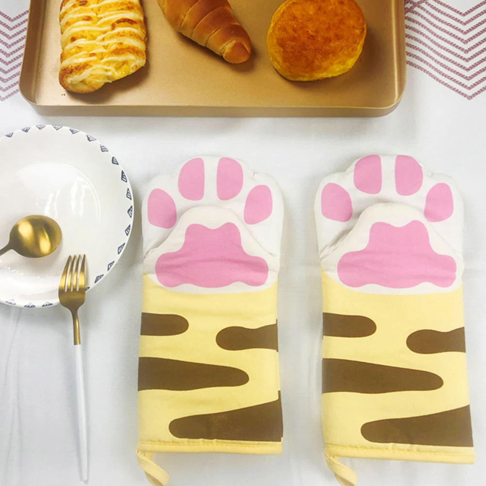

3D Cartoon Cat Paws Oven Mitts Long Cotton Baking Insulation Gloves Microwave Heat Resistant Non-slip Kitchen Gloves