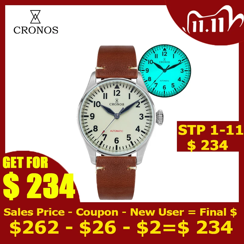 

Мужские механические часы-пилот Cronos Flieger из нержавеющей стали SW цвет голусветильник свет Лум сапфировый Кристалл Скелет задний кожаный рем...