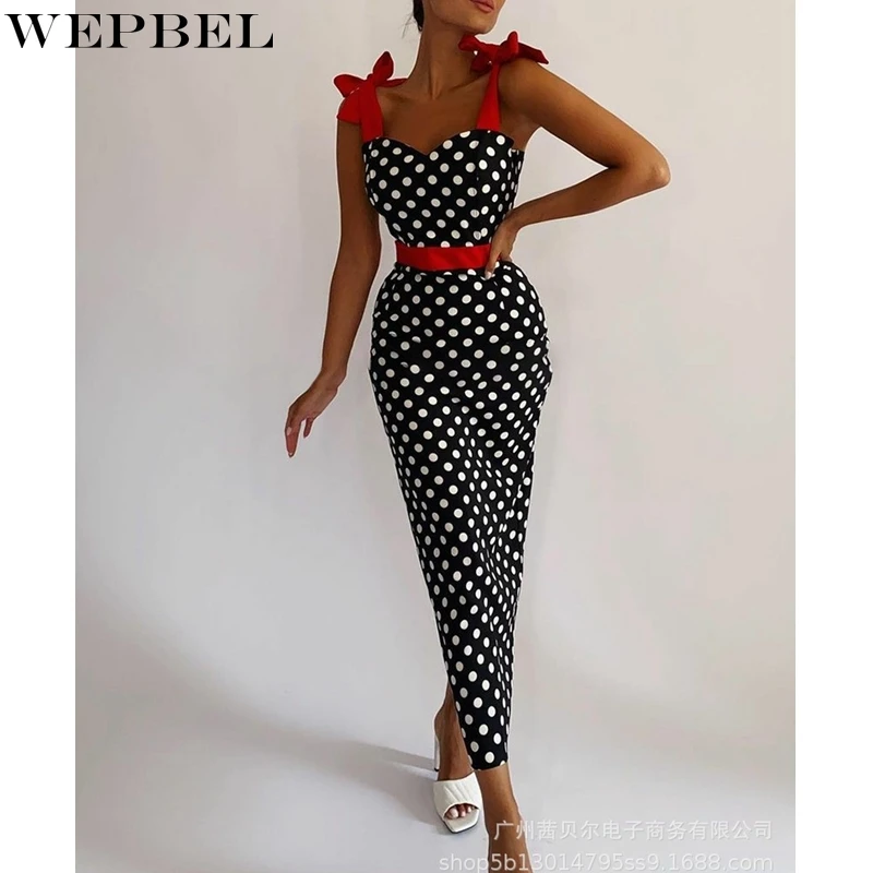 

WEPBEL Dress Women's Casual Polka Dot High Waist Stitching Dress Summer Sexy Strapless Backless Spaghetti Strap Lace-up Dress
