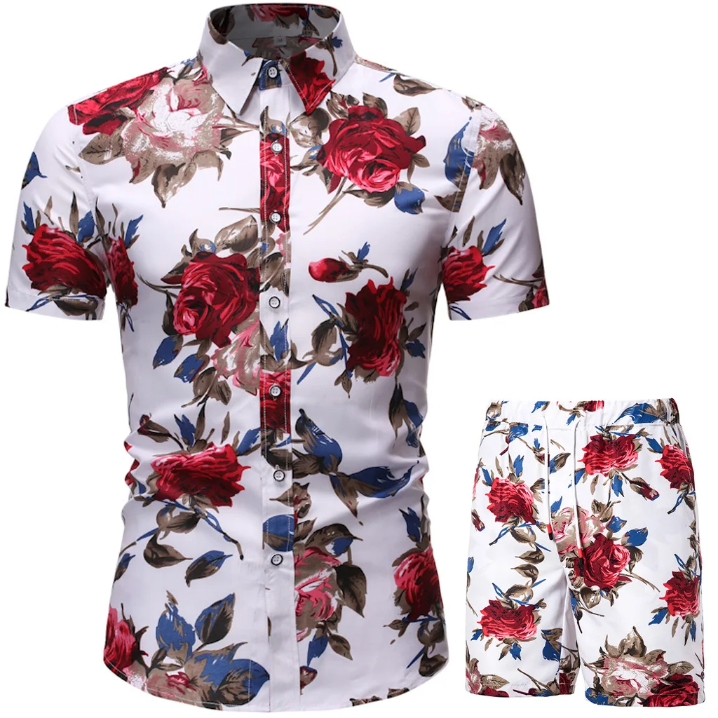 

Ybaby Men's Hawaii suit print 2021 Summer Short Sleeve Button Shirt beach shorts Street casual men's 2 pieces