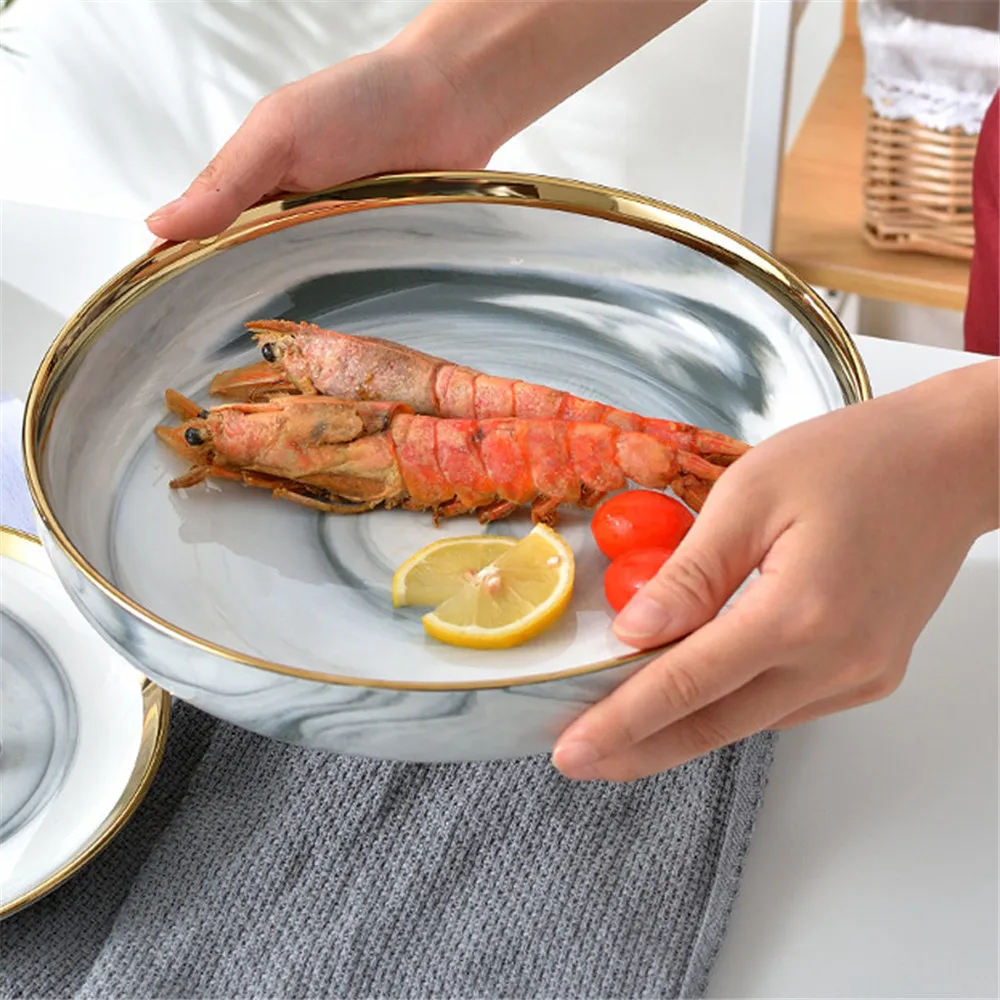 Фарфоровая тарелка с мраморным узором керамическая обеденная кухонная посуда