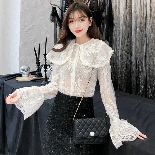 2020 Фирменная Новинка жемчуг Бисер отложным воротником кружевная рубашка с