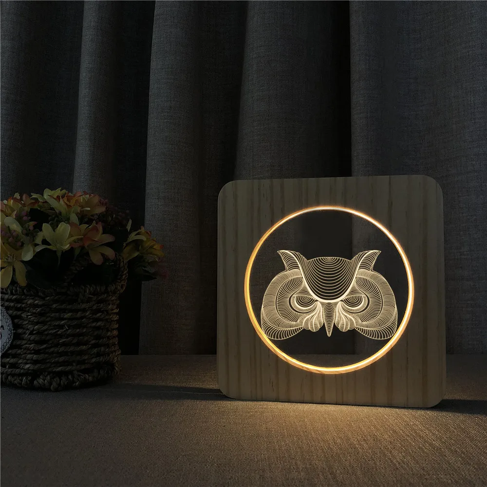 Светодиодная акриловая деревянная Ночная лампа в виде совы Anlimal3D настольная с