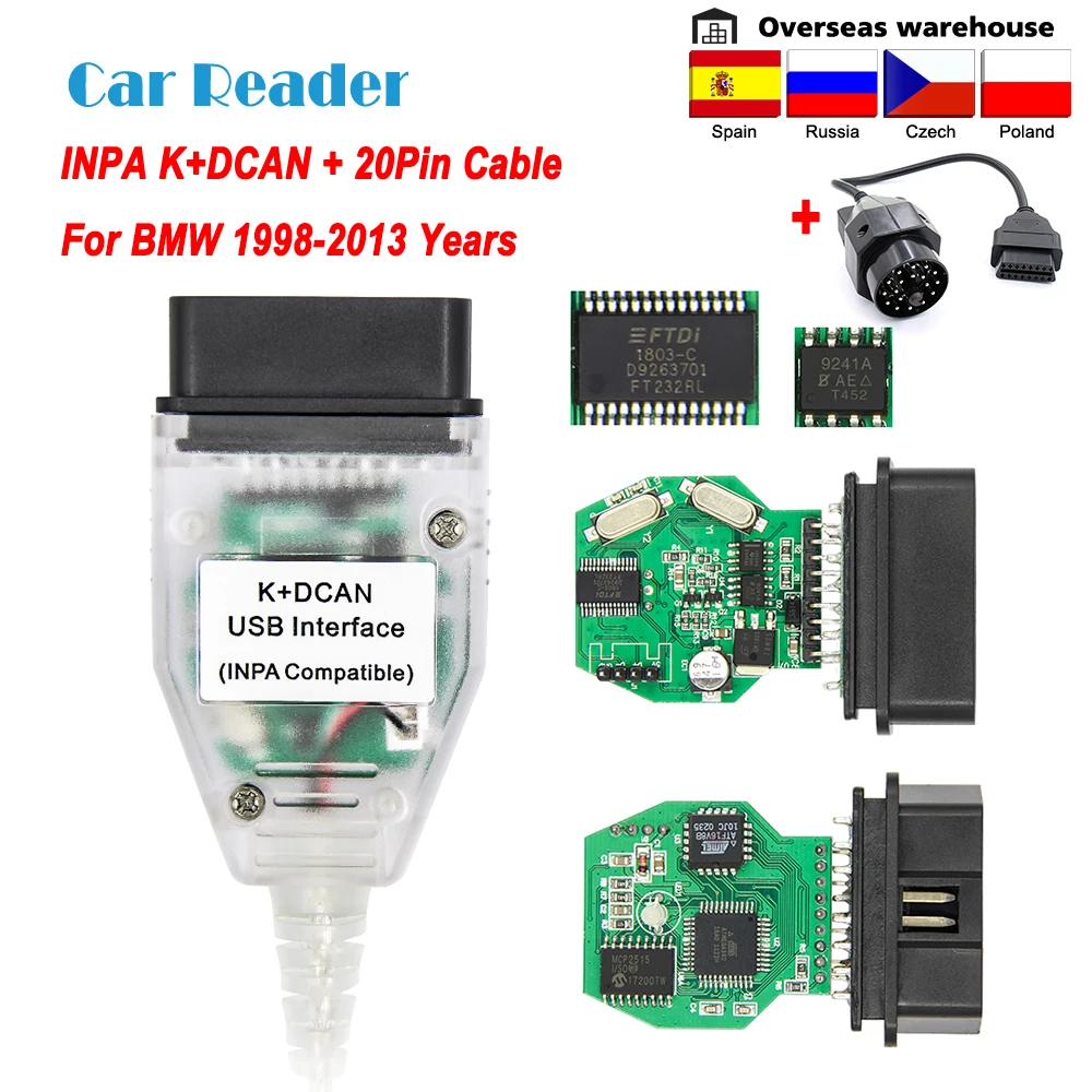 INPA USB интерфейс K + DCAN переключатель для BMW 20Pin FTDI FT232RL OBD 2 OBD2 автомобильный