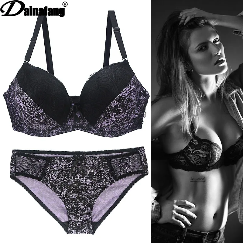 Foreign trade large size bra set Printed lace bow underwear briefs and panty women pink | Женская одежда