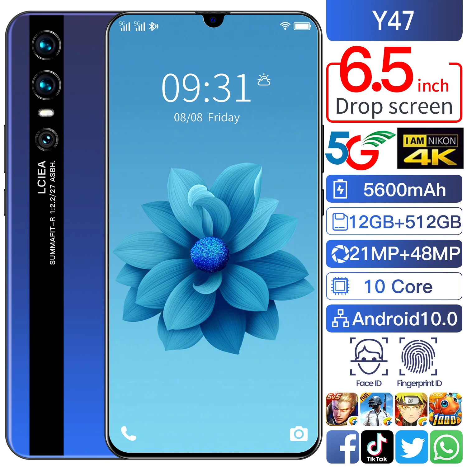 

Global Version 6.5" Y47 Network 5600mAh MTK6595 Deca Core 48MP Smartphone 12G RAM 512G ROM Android10.0 Mobile Phone Undefined