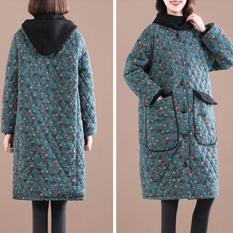 2021 New Autumn Winter Women Thicken Cotton Padded Jacket Coat Casual Loose Floral Print Hooded Parkas Warm Overcoat