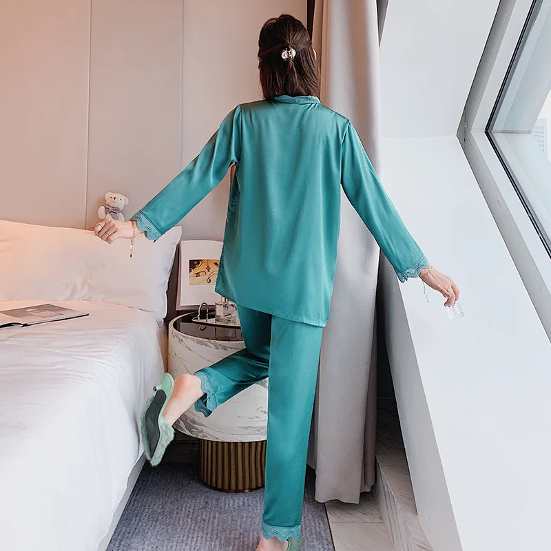 2021 New Spring Autumn Women's Pajamas Lace Sexy Nightwear Long Sleeve 2Pcs Home Suit Solid Color Cardigan Suit Korean Version