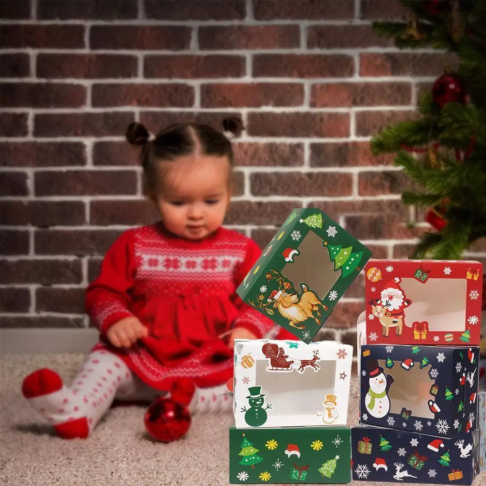 

12pcs Christmas Cookie Box Kraft Paper Candy Gift Boxes New Navidad Packaging Party Gift Year Food Christmas Decor Box Bags C3k0