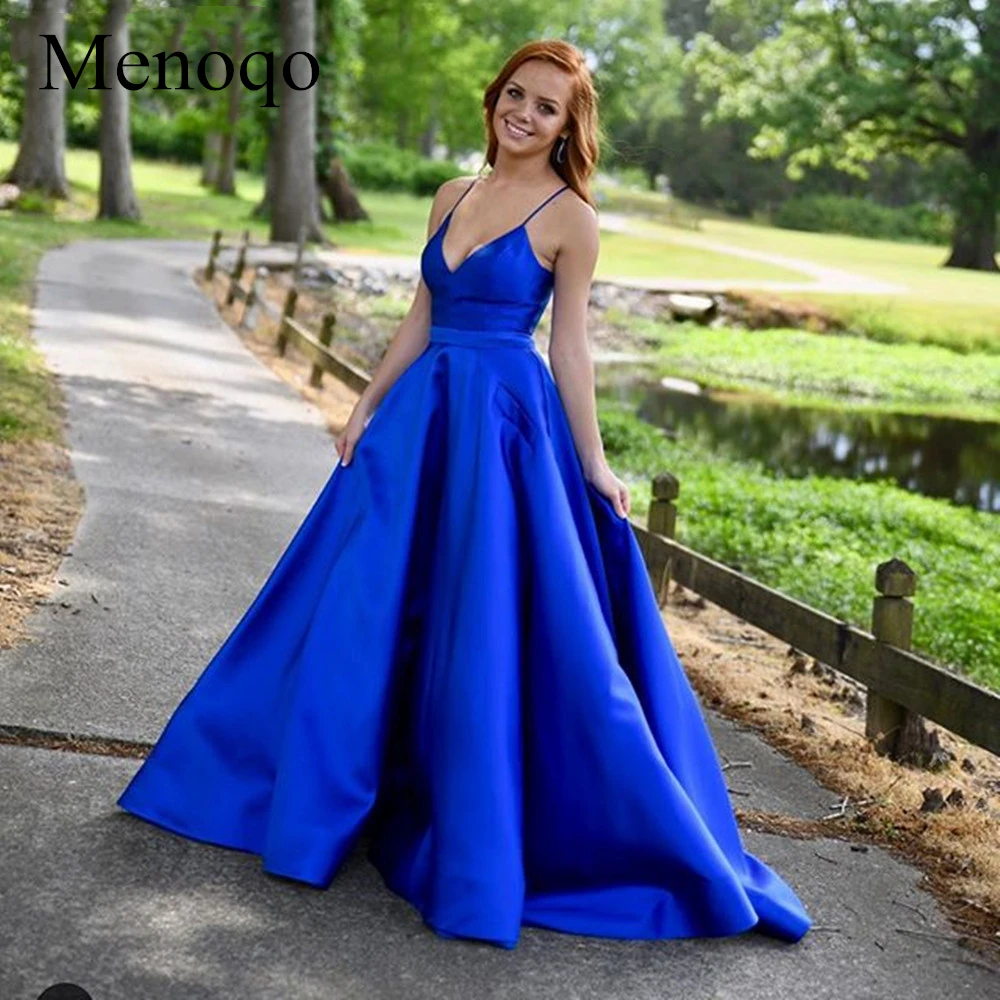

Sexy Royal Blue Long Prom Dresses 2020 Spaghetti Straps Sleeveless A Line Satin Dress Plus Size Formal Party Gowns P19JY30