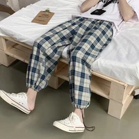 mens pants 2021 summer thin ice silk black and white plaid straight tube loose casual versatile wide leg sport free shipping