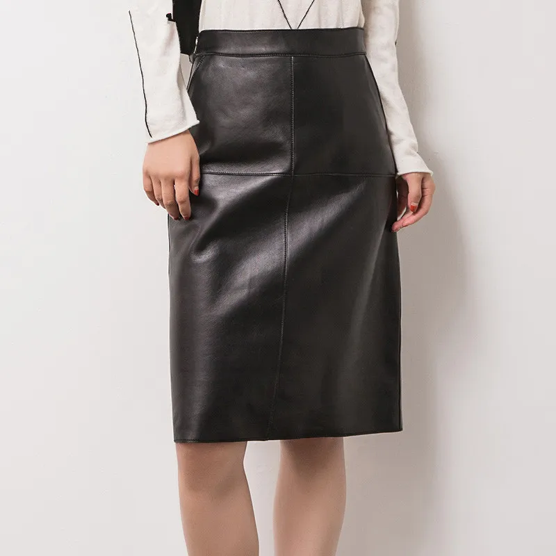 

Classic Spring Female Genuine Leather Skirt Woman Black Sexy Midi Long Slim Over Knee Step Placketing Wrap Faldas Mujer Jupe