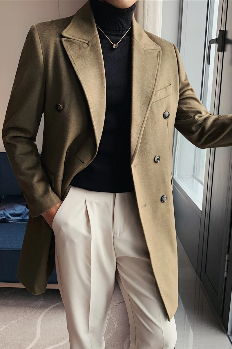 

Wool Trench Mens Coat Jacket Mid-length Windbreaker Double Breasted Thicker Winter Outwear Mens Casual Coats Chaquetas Hombre