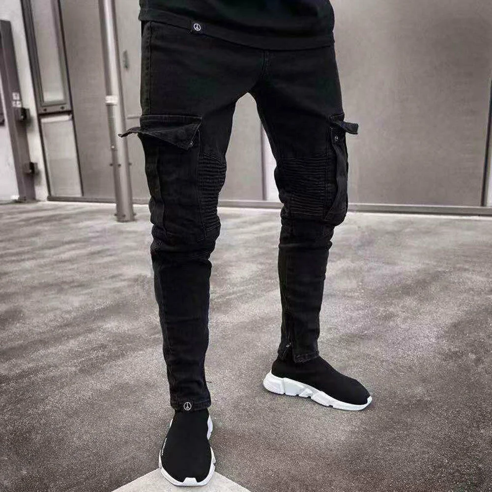 

Fashion Men's Skinny Denim Destroyed Frayed Pencil Pants Vogue Male Pockets Slim Fit Cargo Pants Joggers Trousers