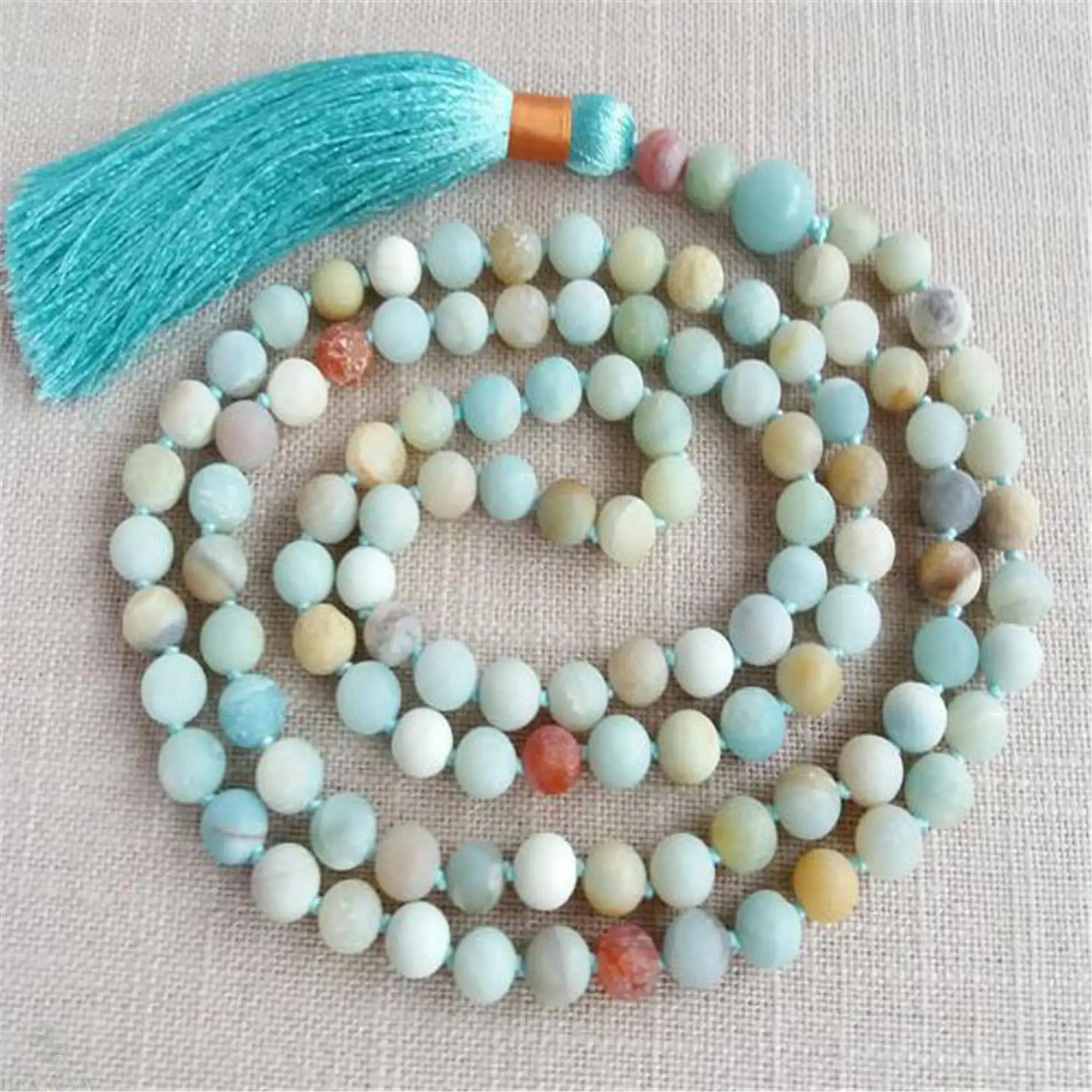 

6mm Frosted Amazonite Gems Knotted Tassel 108 Bead Mala Necklace Classic Pray Buddhism Colorful Meditation