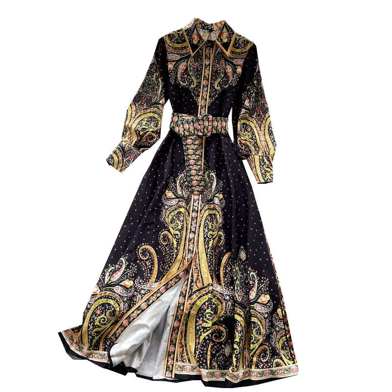 

Women Long Dress Retro Autumn New Lapel Turn-Down Collar Long-sleeved Printed Bandage Slim Waist Maxi Vestidos Female GX1076