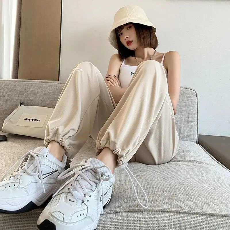 

Pink Sports Pants Female Summer Thin 2021 New Loose Straight Wide Leg Leisure Tappered Ice Silk Fairy Pants