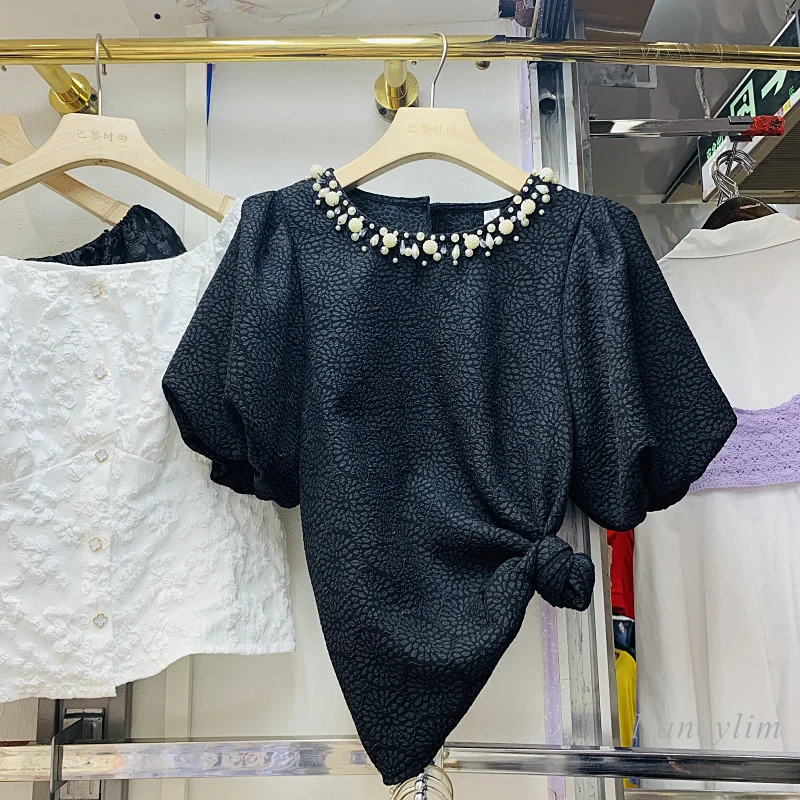 Pull À Manches courtes Chemise Femmes Mode Perle Perlée Col Rond Jacquard Haut D'été Dame Blouse Couleur uni Blusas Nancylim