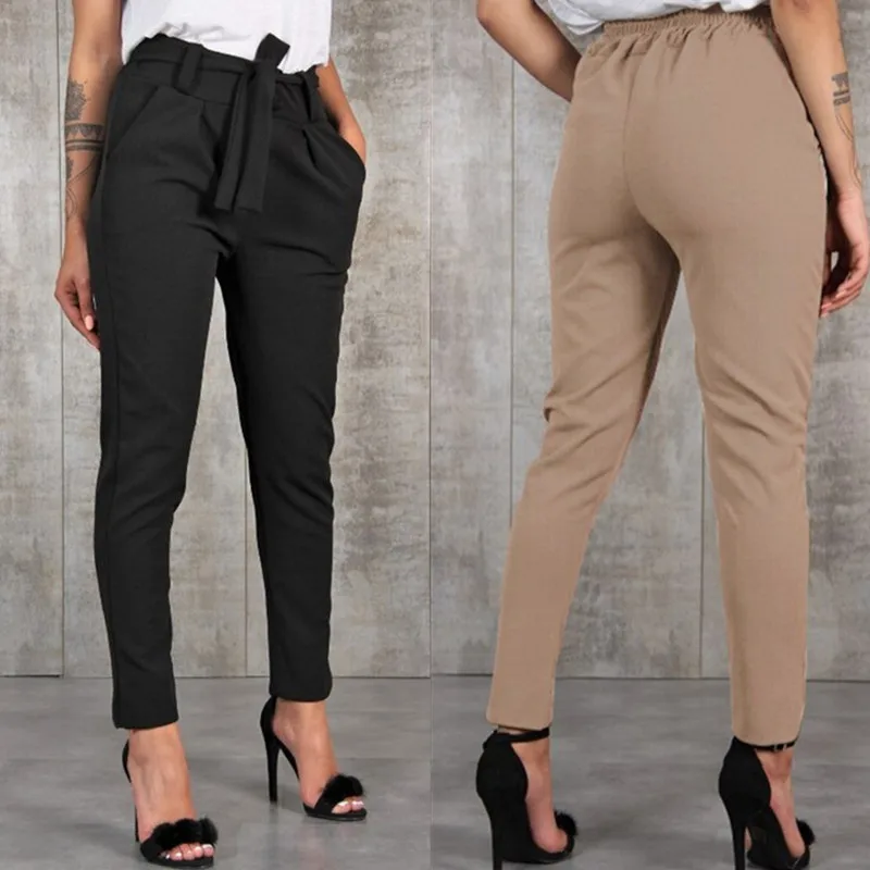 

GAOKE Stylish Pant Pockets Fashion Basic Bandage Knitted Women High Waist Slim Streetwear Capris Female Chiffon Casual Pants