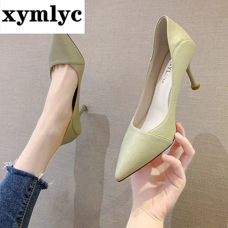 

2020 New Brand Design Women Pumps Soft Leather Comfort High Heels Thin Heels Pointed Toe Female Single Shoes Career Office Shoes