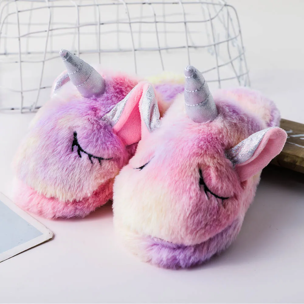 

Children's Cute Unicorn Slippers Newly Girls Shoes Interior for Home Furry Slippers Female Indoor Warm Fluffy Slides Baby Shoes