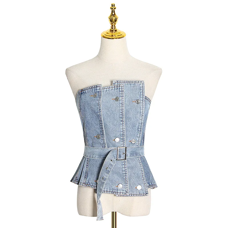 

Chao brand summer new street shoulder strapless denim top women waist denim vest