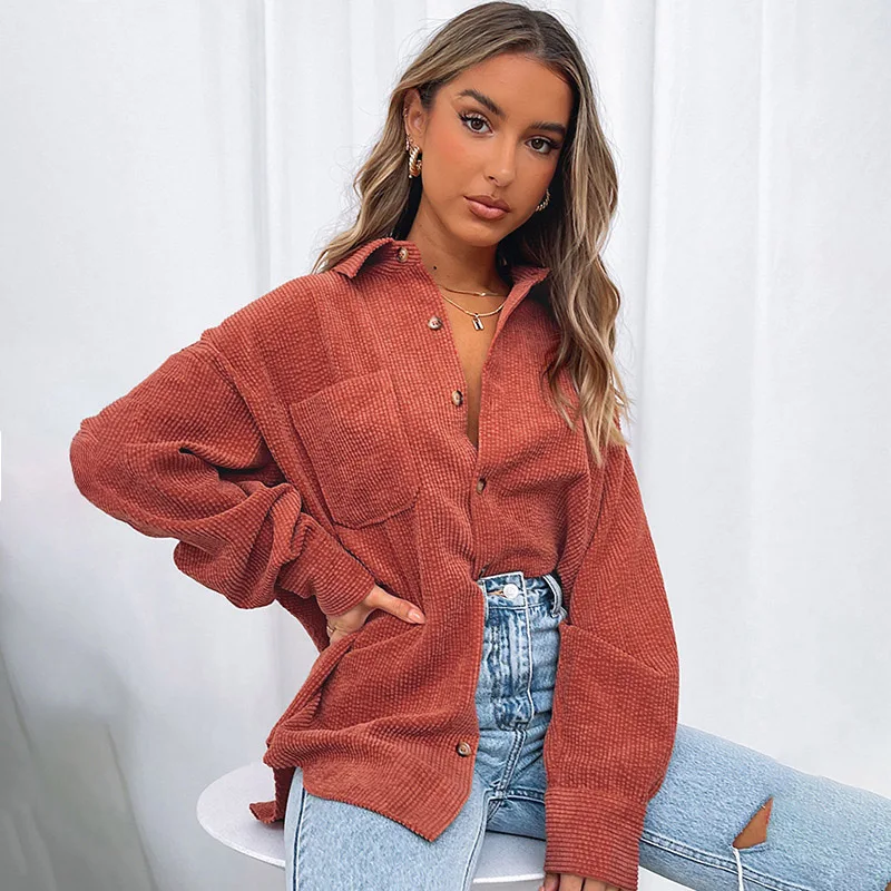 

Ladies Corduroy Jacket Jacket Pocket Shirt Fashion Loose Casual Button Cardigan Jacket Mid-length Autumn New Style 2021
